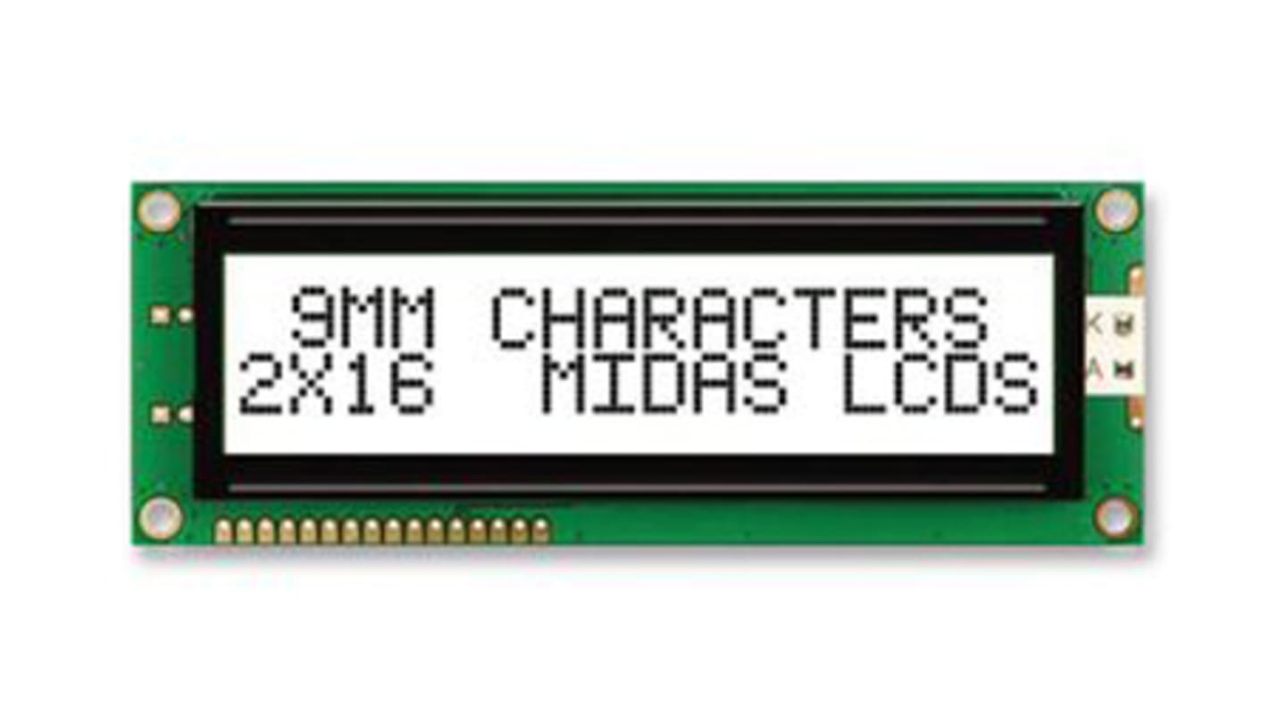 Midas MC21609AB6W-FPTLW-V2 AB Alphanumeric LCD Display White, 2 Rows by 16 Characters, Transflective