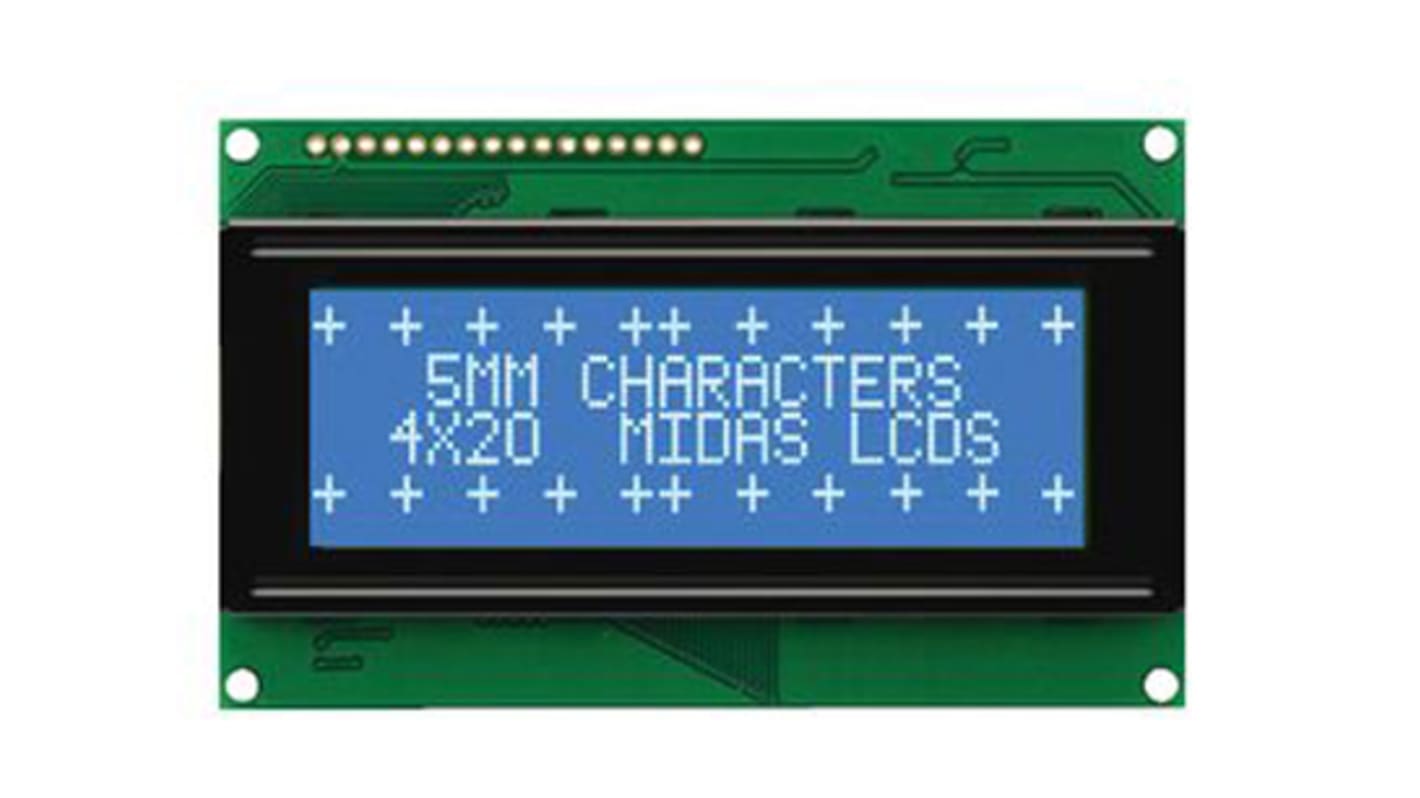 Midas A Monochrom LCD, Alphanumerisch Vierzeilig, 20 Zeichen, Hintergrund Weiß Lichtdurchlässig, 8-Bit Interface