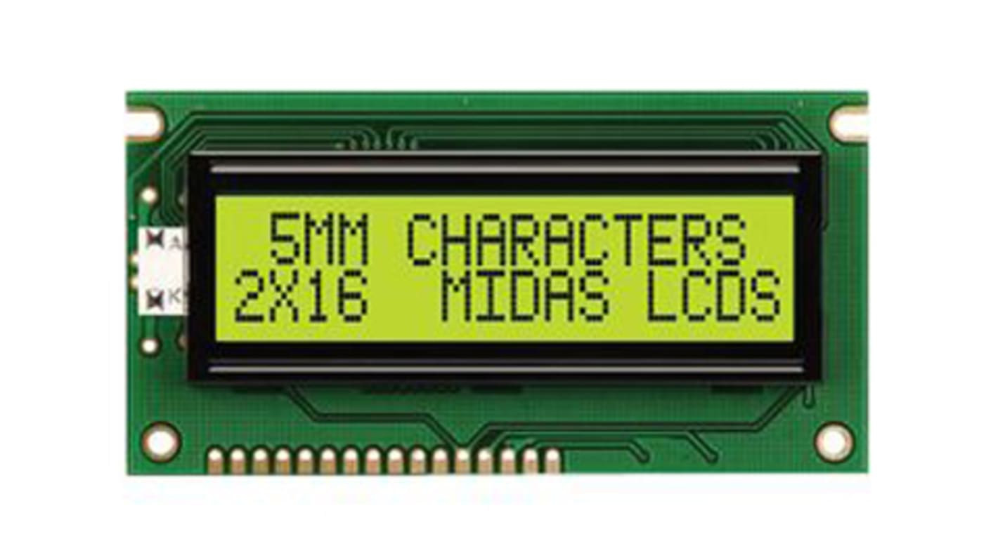 Midas MC21605A6W-SPR-V2 A Alphanumeric LCD Display, 2 Rows by 16 Characters, Reflective