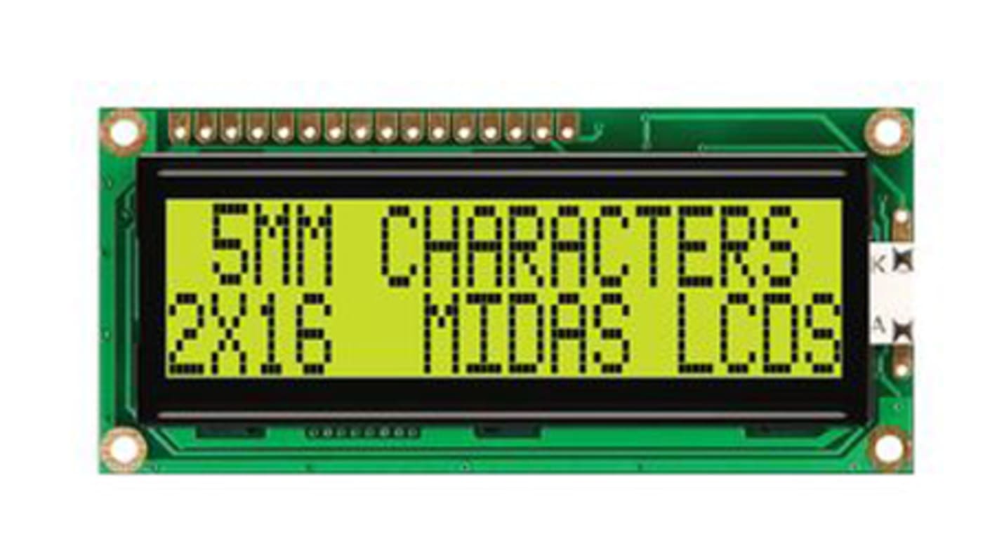 Display monocromo LCD alfanumérico Midas G de 2 filas x 16 caract., transflectivo, área 66 x 16mm