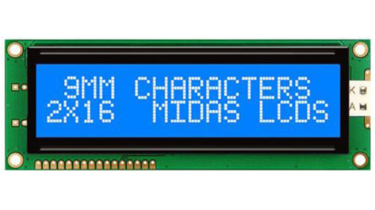 Midas MC21609AB6W-BNMLW-V2 AB Alphanumeric LCD Display, Blue on White, 2 Rows by 16 Characters, Transmissive