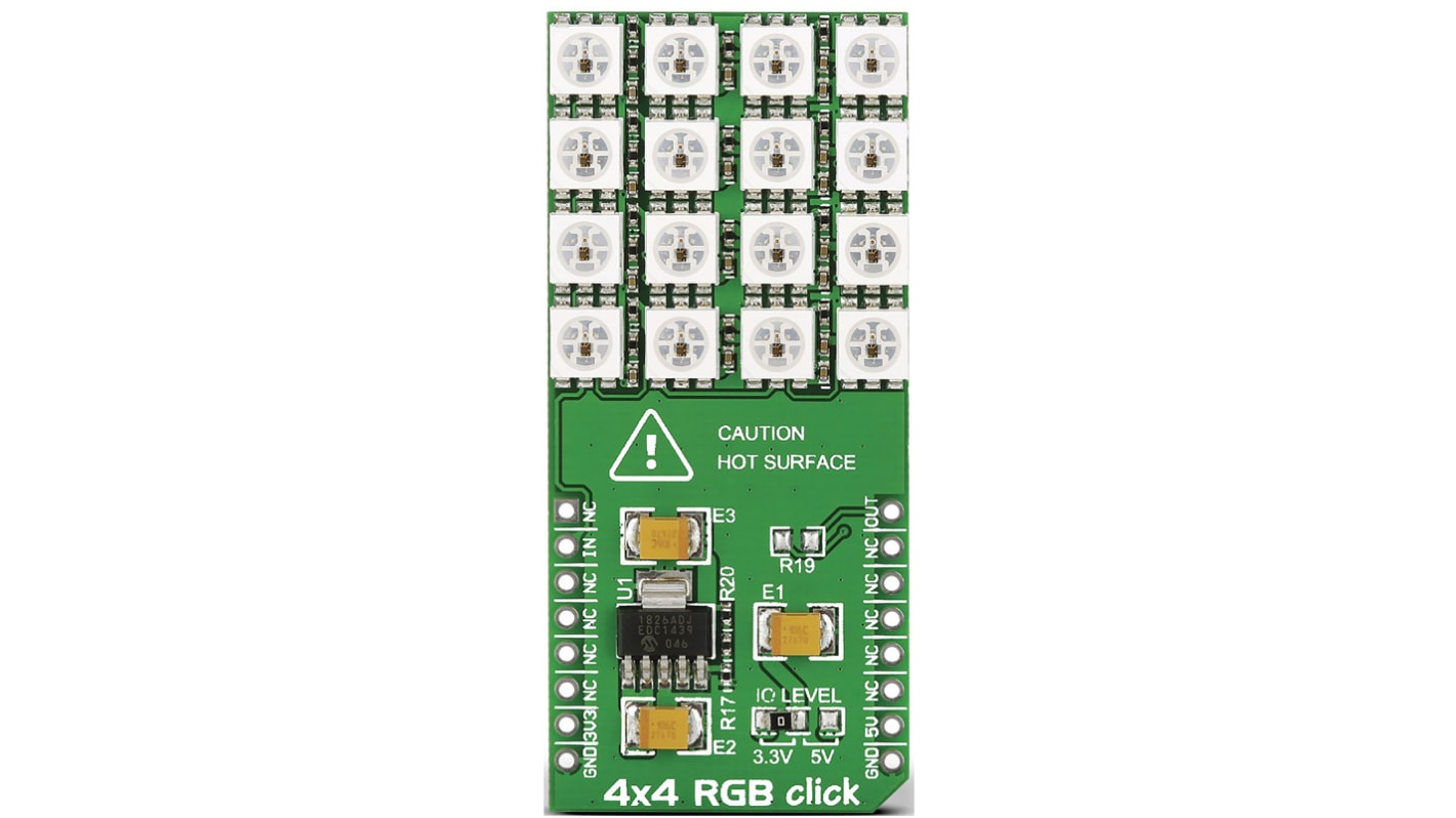 Deska displeje MikroElektronika 4x4 RGB Click Displej LED s bodovou maticí, klasifikace: Přídavná deska WS2812, MCP1826