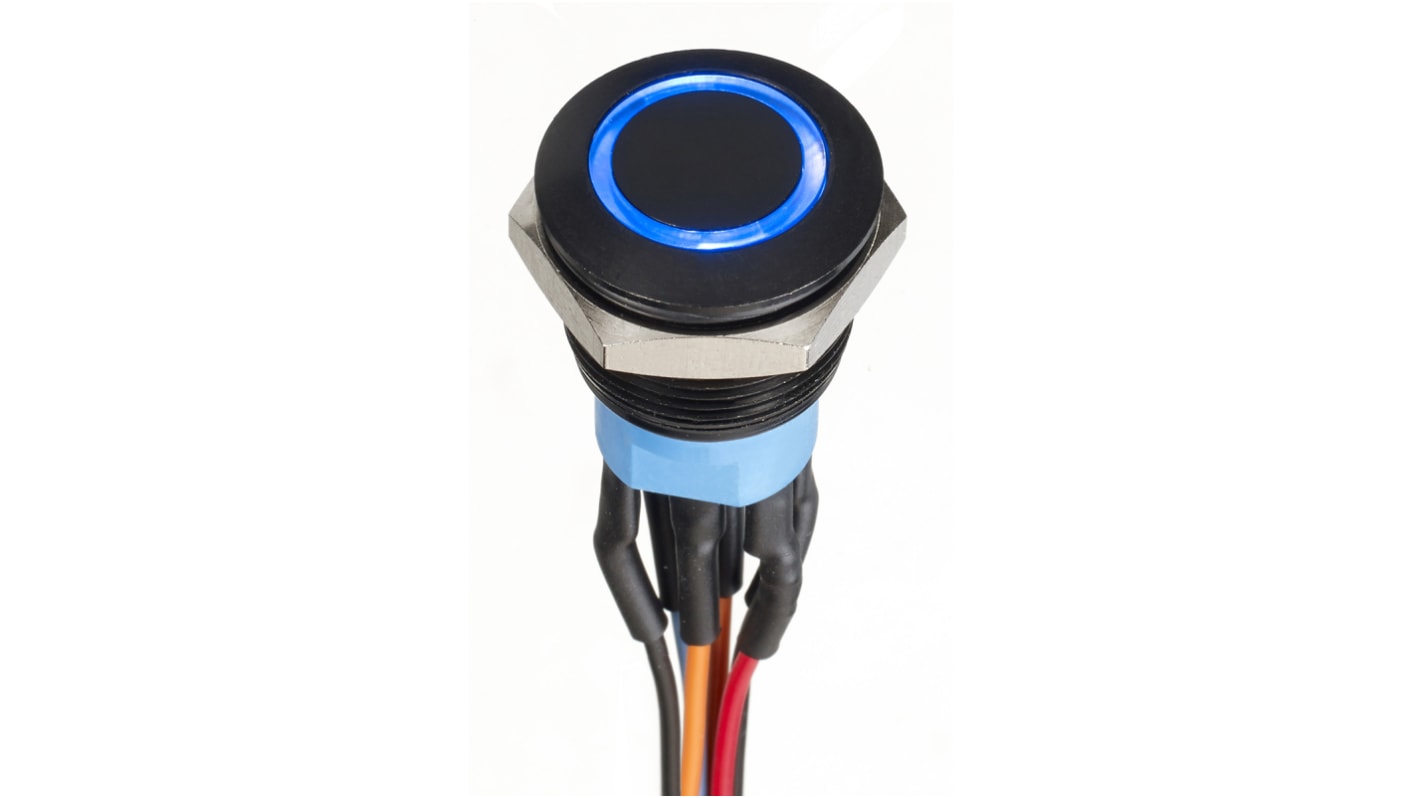 APEM Illuminated Push Button Switch, Momentary, Panel Mount, 19.2mm Cutout, DPDT, Blue LED, 30V dc, IP67