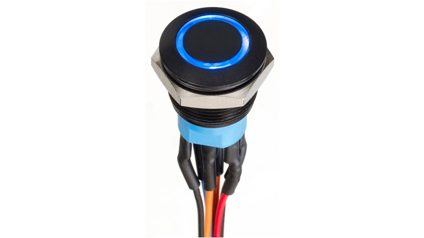 APEM Illuminated Push Button Switch, Momentary, Panel Mount, 19.2mm Cutout, DPDT, Blue LED, 30V dc, IP67