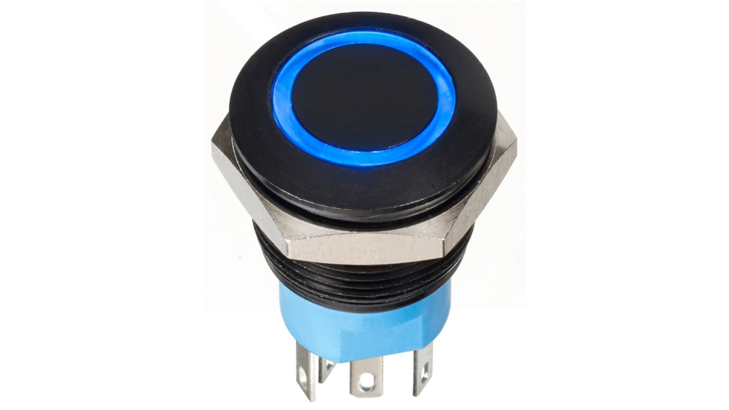 APEM Illuminated Push Button Switch, Momentary, Panel Mount, 19.2mm Cutout, DPDT, Blue LED, 30V dc, IP67