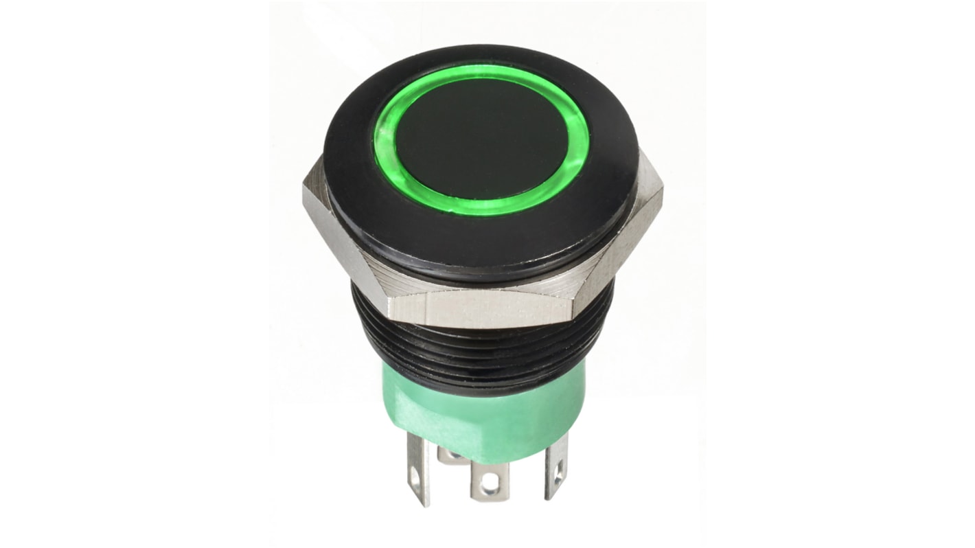 APEM Illuminated Push Button Switch, Momentary, Panel Mount, 19.2mm Cutout, DPDT, Green LED, 30V dc, IP67