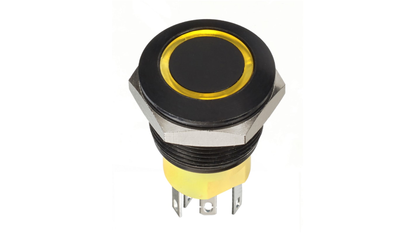 APEM Illuminated Push Button Switch, Momentary, Panel Mount, 19.2mm Cutout, DPST, Yellow LED, 30V dc, IP67