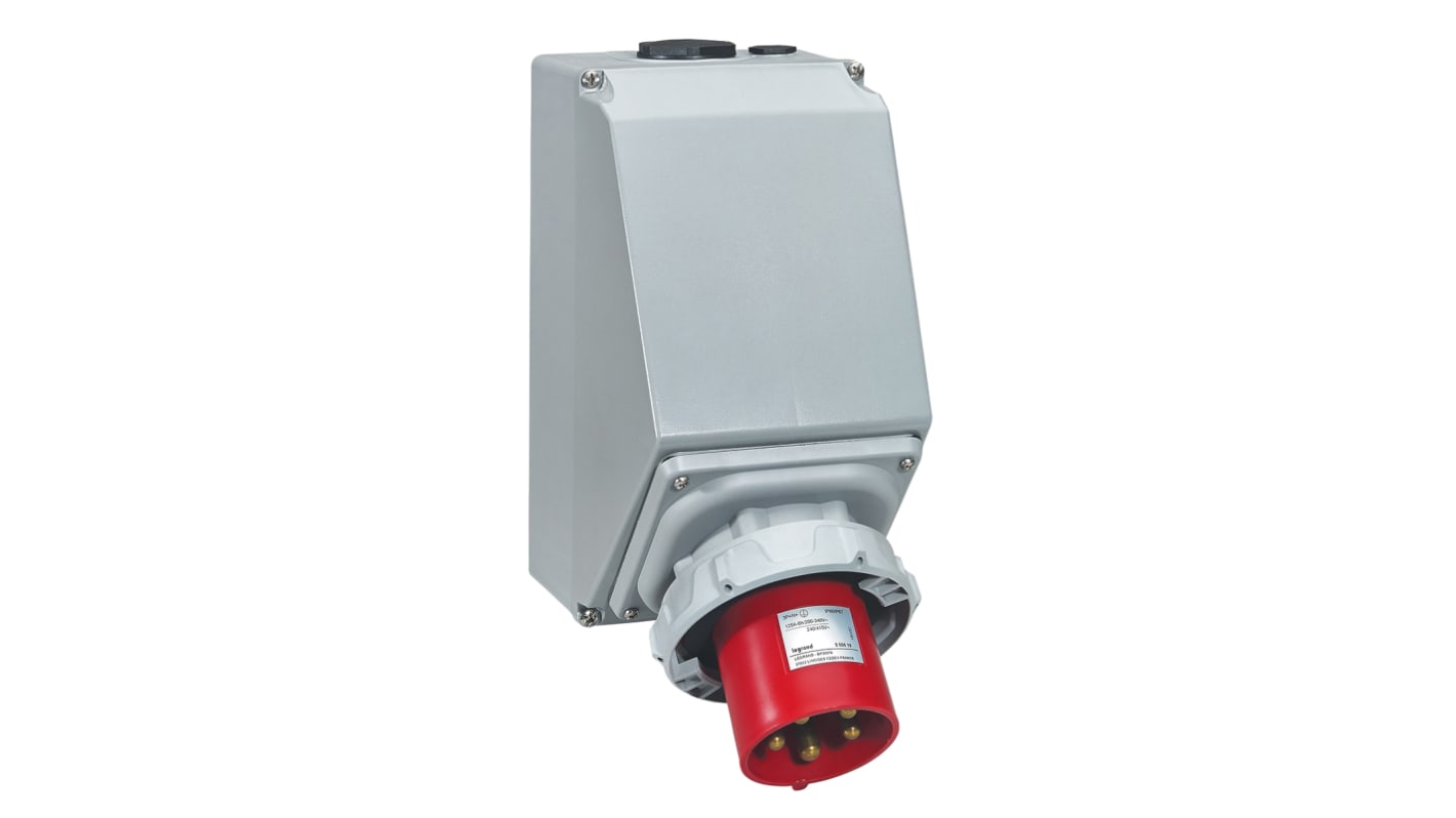 Legrand IP67 Red Wall Mount 3P+E Right Angle Industrial Power Socket, Rated At 63A, 415.0 V