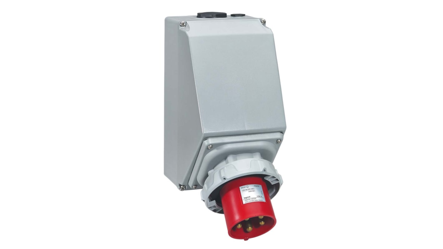 Legrand IP67 Red Wall Mount 3P + N + E Right Angle Industrial Power Plug, Rated At 125A, 415 V