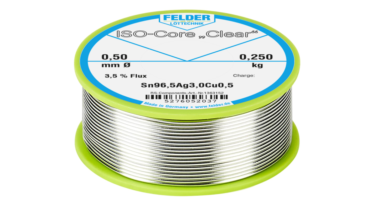 Felder Löttechnik ISO-Core Clear Lötzinn bleifrei 96.5%Sn 0%Pb 0.5%Cu 3%Ag, 217°C, Ø 0.5mm / 250g