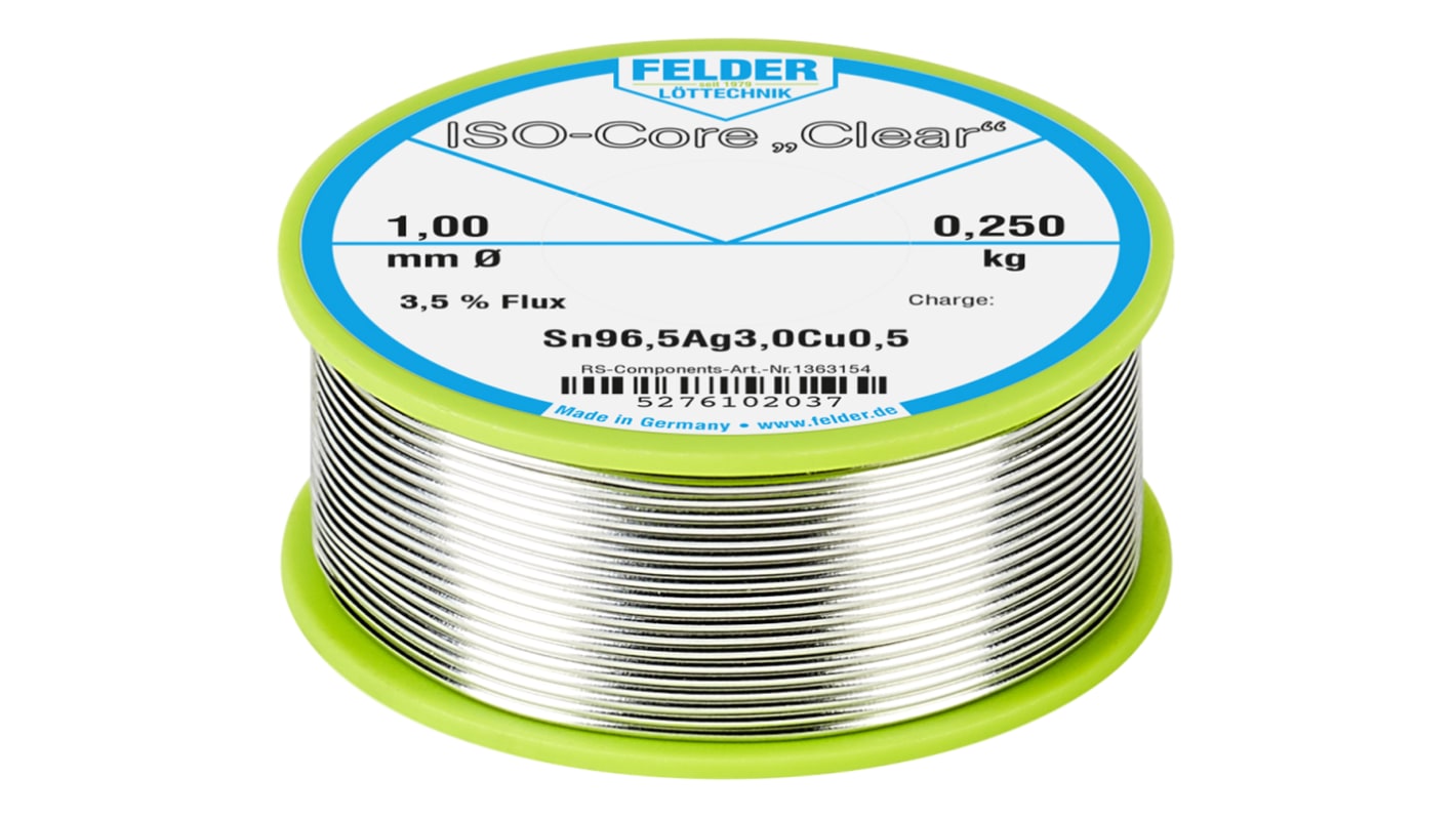 Felder Löttechnik ISO-Core Clear Lötzinn bleifrei 96.5%Sn 0%Pb 0.5%Cu 3%Ag, 217°C, Ø 1mm / 250g