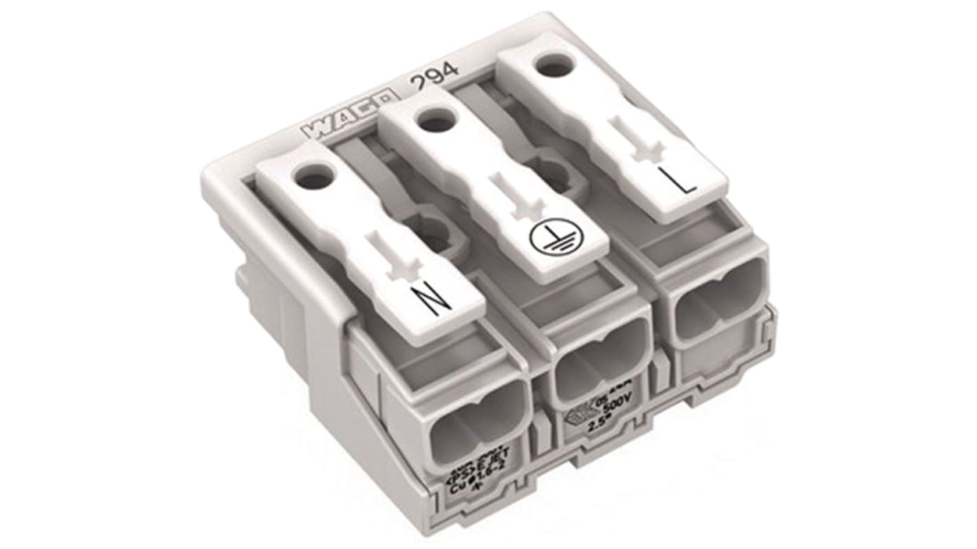 Wago 294 Series Power Supply Connector, 3-Pole, Female, 24A