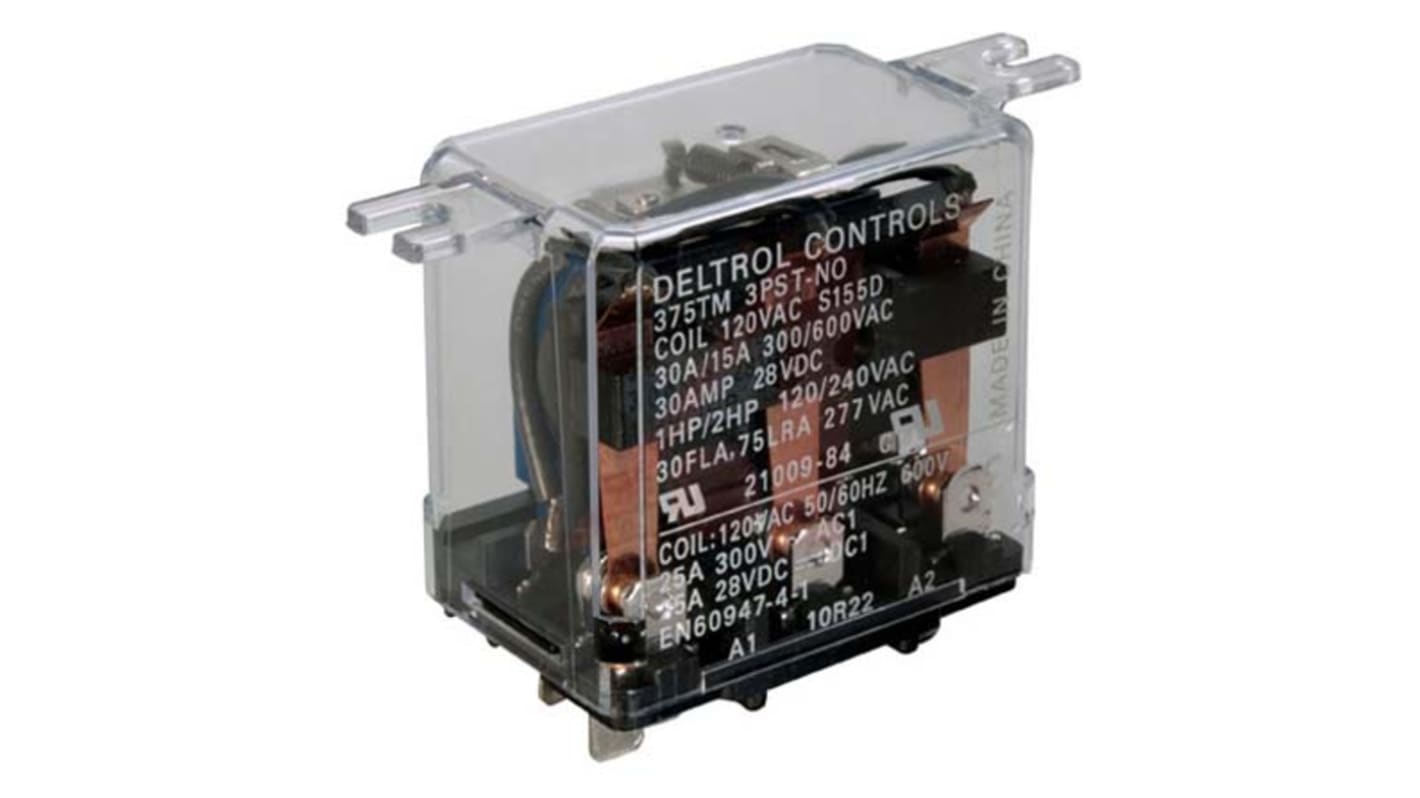 Deltrol Plug In Non-Latching Relay, 120V ac Coil, 30A Switching Current, 3PDT