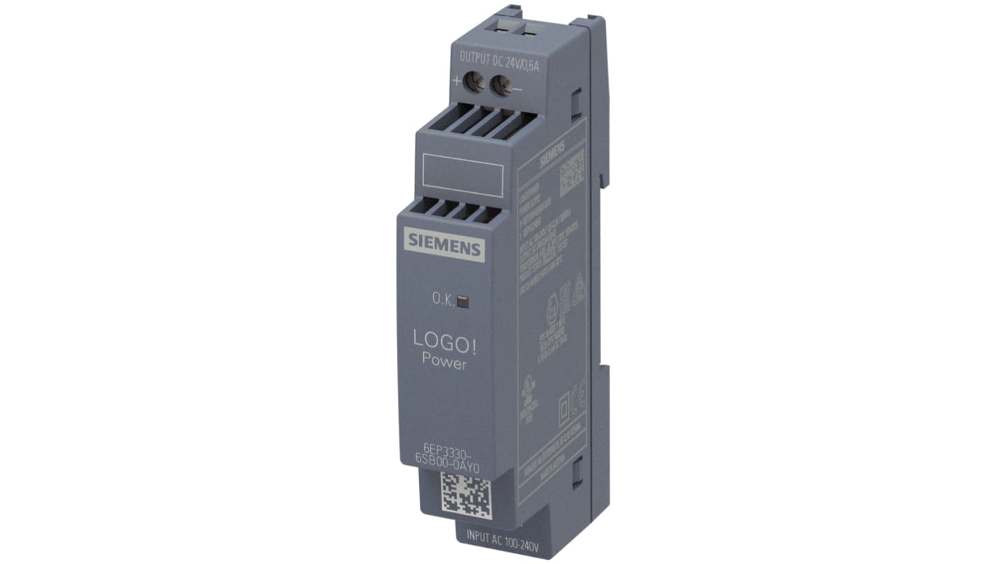 Siemens LOGO!POWER Switched Mode DIN Rail Power Supply, 100 → 240V ac, 24V dc dc Output, 600mA Output, 14W