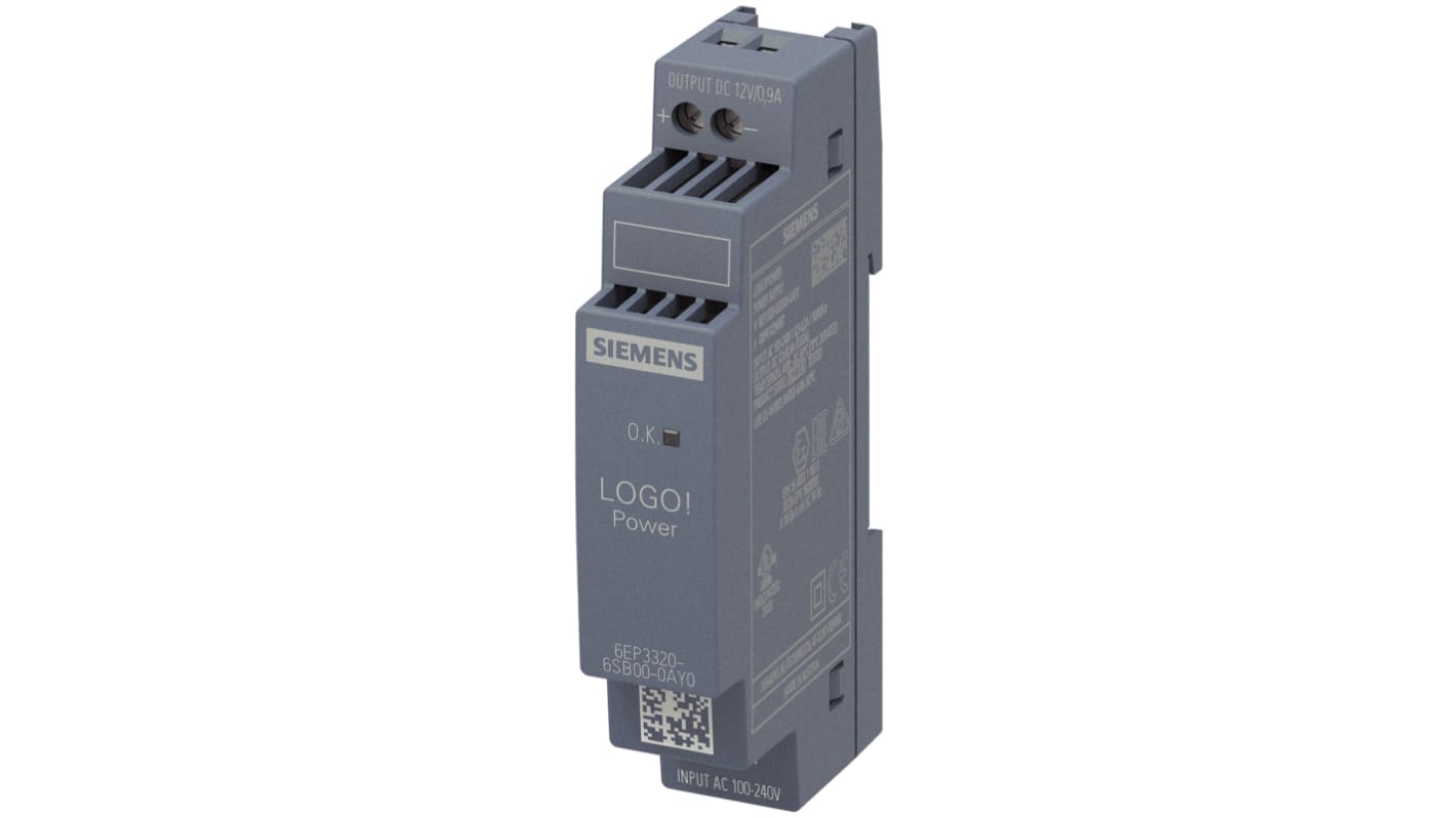 Siemens LOGO!POWER Switched Mode DIN Rail Power Supply, 230V ac, 12V dc dc Output, 900mA Output, 10.8W