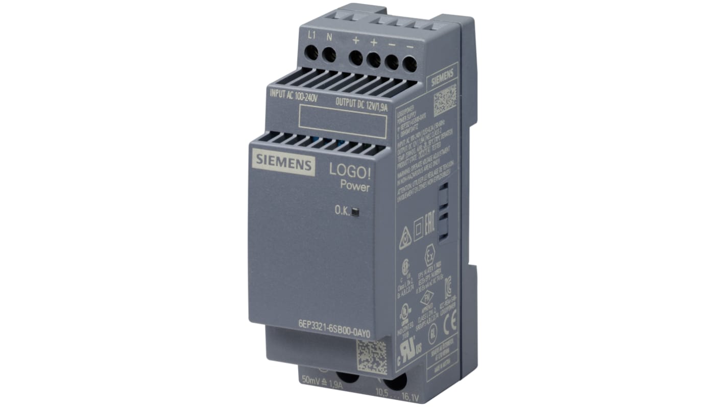 Siemens LOGO!POWER Switch Mode DIN Rail Power Supply, 100 → 240V ac, 12V dc dc Output, 1.9A Output, 23W