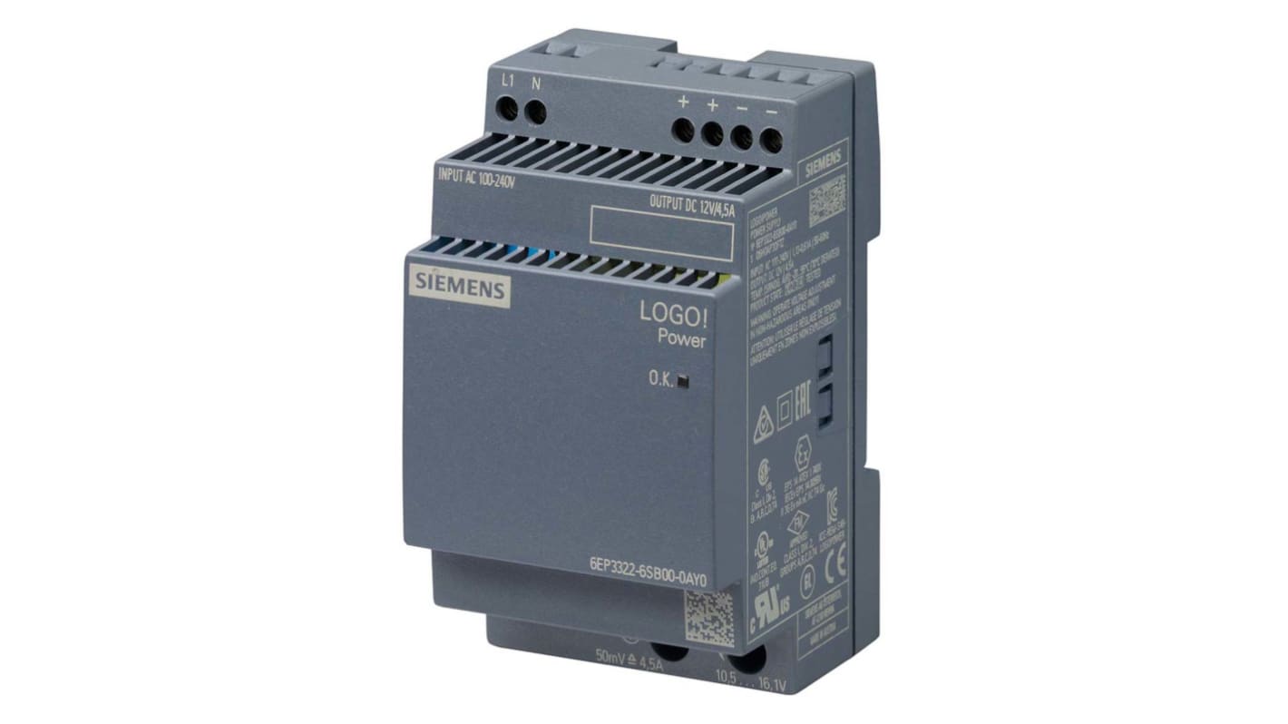 Siemens LOGO!POWER Switch Mode DIN Rail Power Supply, 230V ac ac Input, 12V dc dc Output, 4.5A Output, 54W