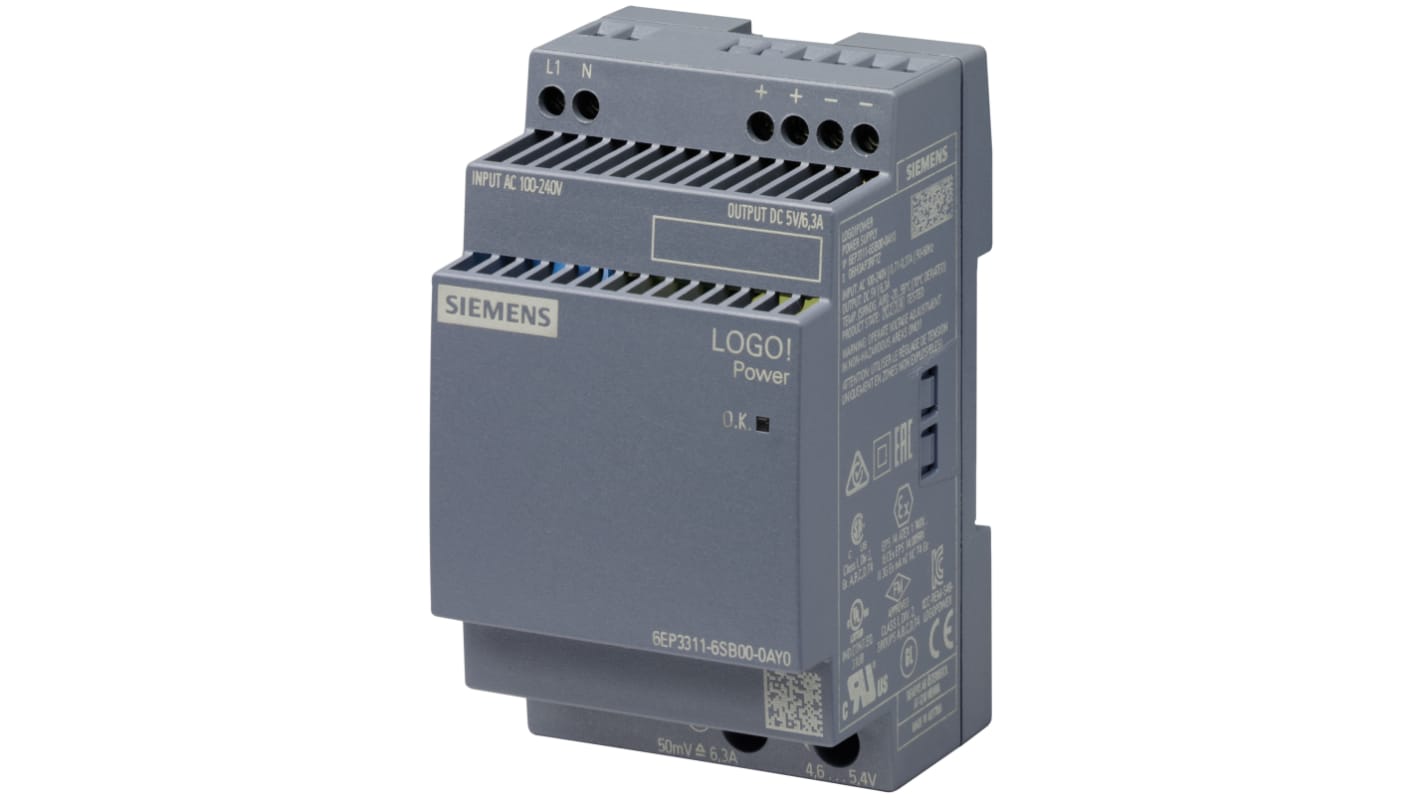 Siemens LOGO!POWER Switch Mode DIN Rail Power Supply, 230V ac, 5V dc dc Output, 6.3A Output, 31.5W