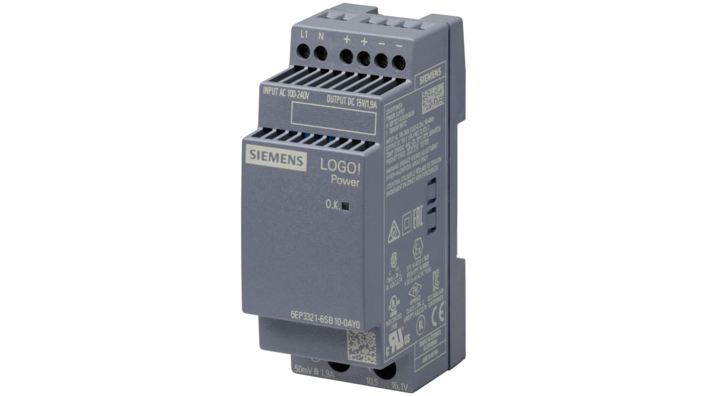 Siemens LOGO!POWER Switch Mode DIN Rail Power Supply, 230V ac, 15V dc dc Output, 1.9A Output, 28.5W