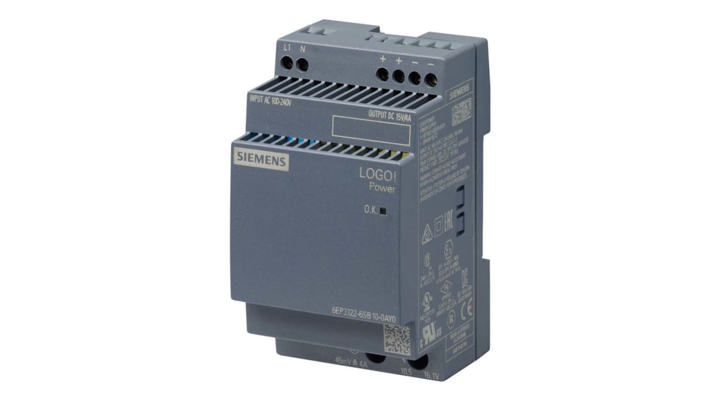 Siemens LOGO!POWER Switch Mode DIN Rail Power Supply, 230V ac, 15V dc dc Output, 4A Output, 60W
