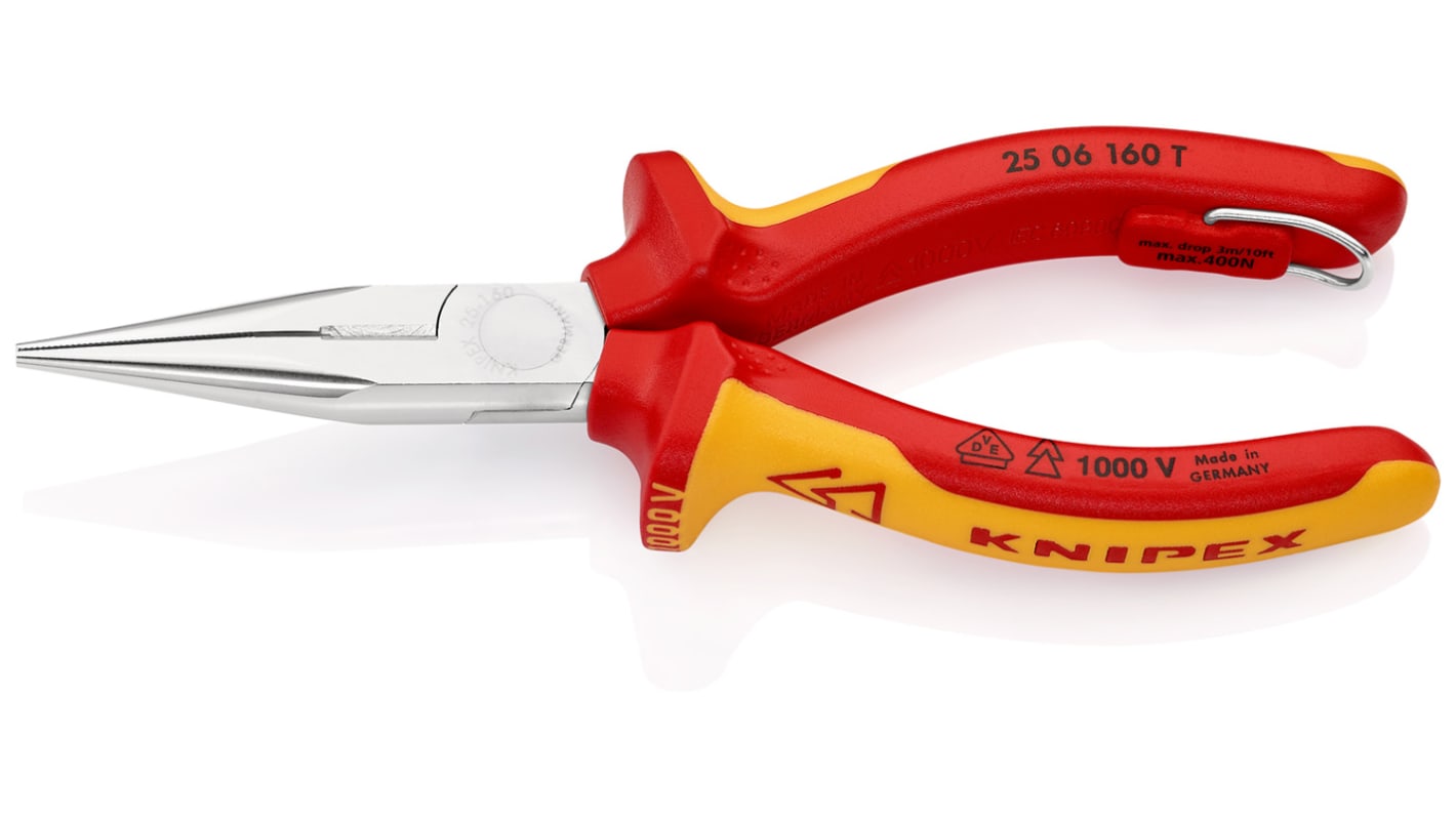 25 06 160 T Knipex Long Nose Pliers, 160 mm Overall, Straight Tip