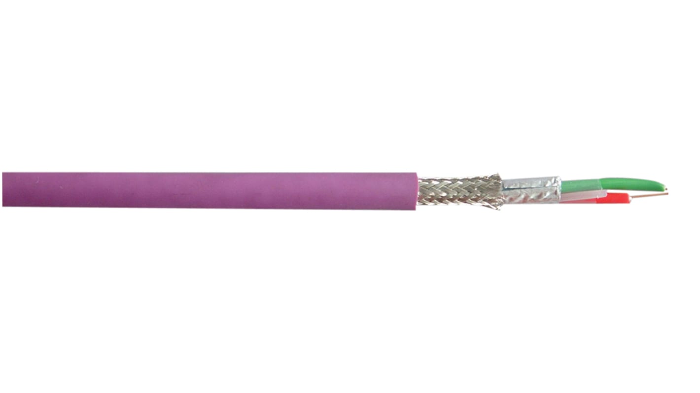 RS PRO Data Cable, 2 Cores, 0.64 mm², Bus, Screened, 100m, Purple PVC Sheath, 22 AWG