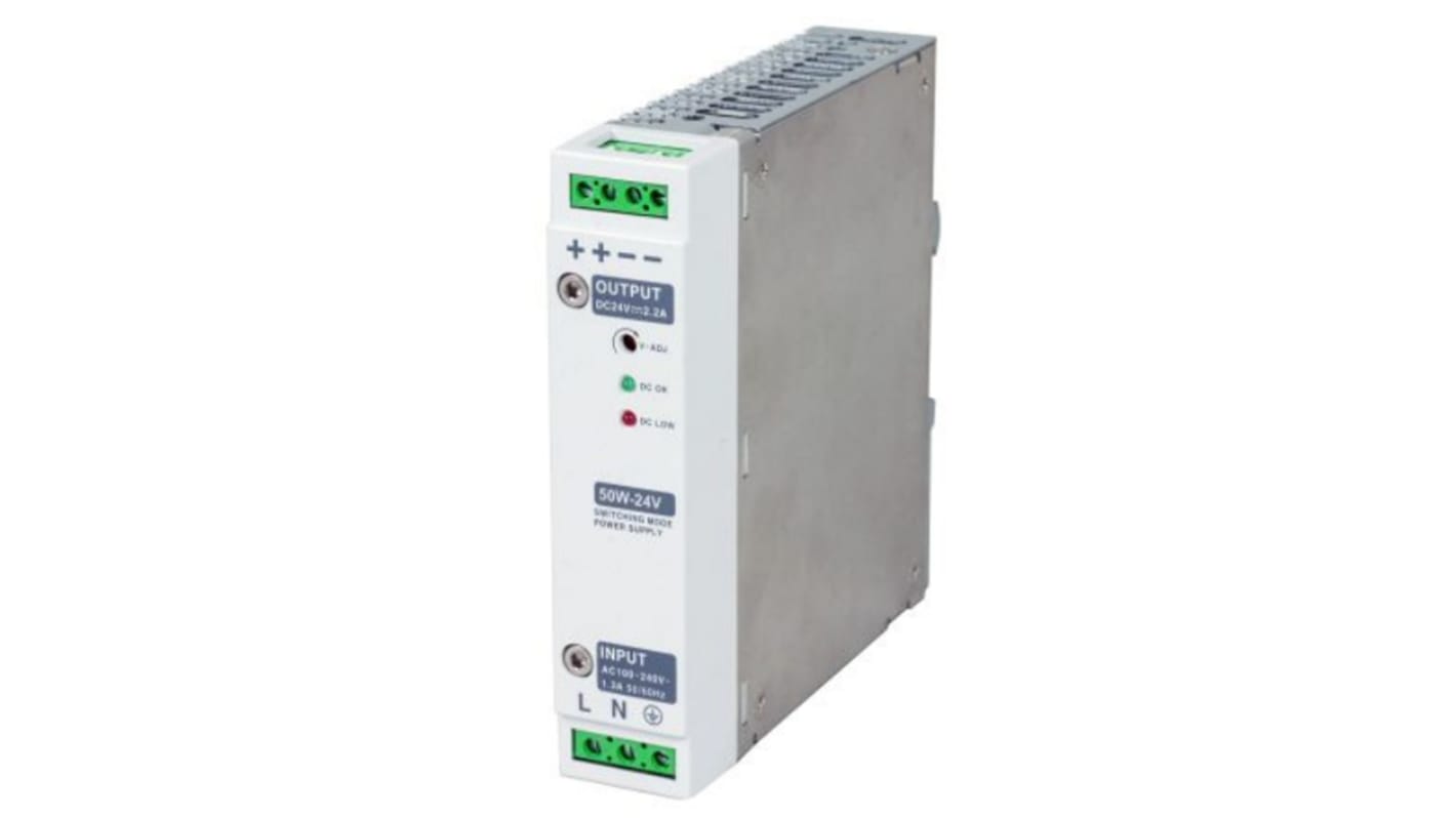 RS PRO Switch Mode DIN Rail Power Supply, 230V ac, 48V dc dc Output, 1.1A Output, 50W