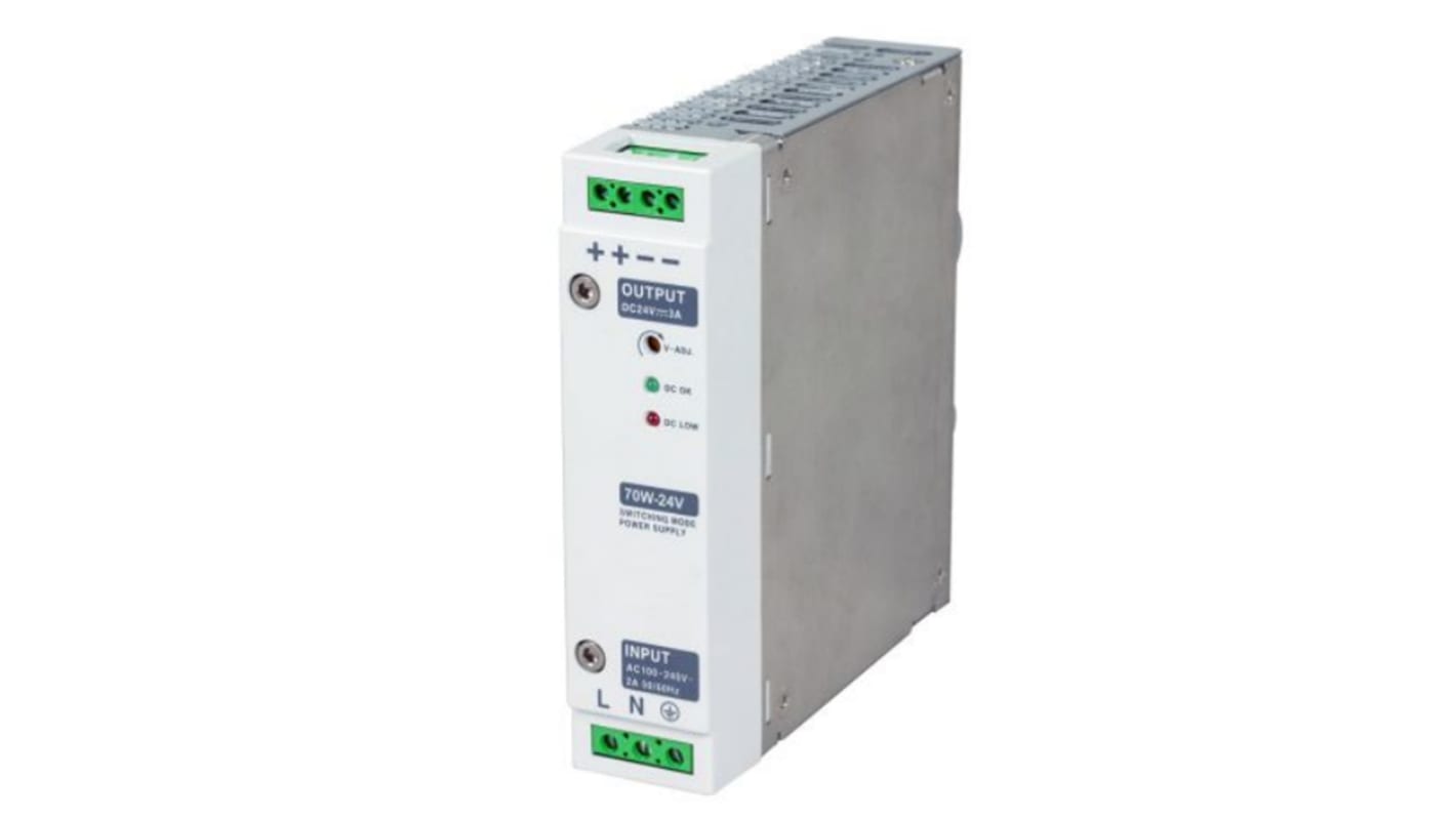 RS PRO Switched Mode DIN Rail Power Supply, 230V ac, 15V dc dc Output, 4.6A Output, 70W