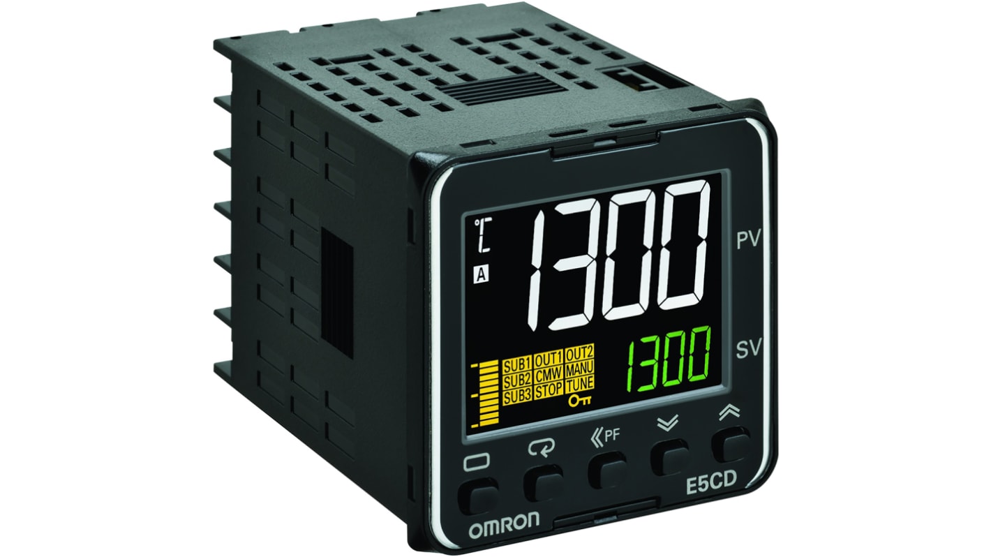 Omron E5CD Panel Mount PID Temperature Controller, 48 x 48mm 2 Input, 2 Output PNP, SSR, 100 → 240 V ac Supply