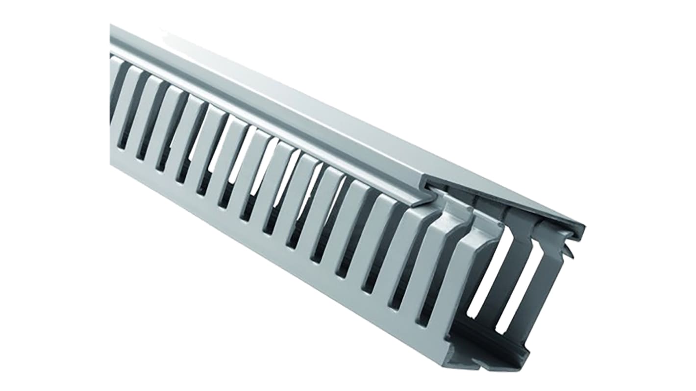 RS PRO Grey Slotted Panel Trunking - Open Slot, W25 mm x D75mm, L2m, PVC