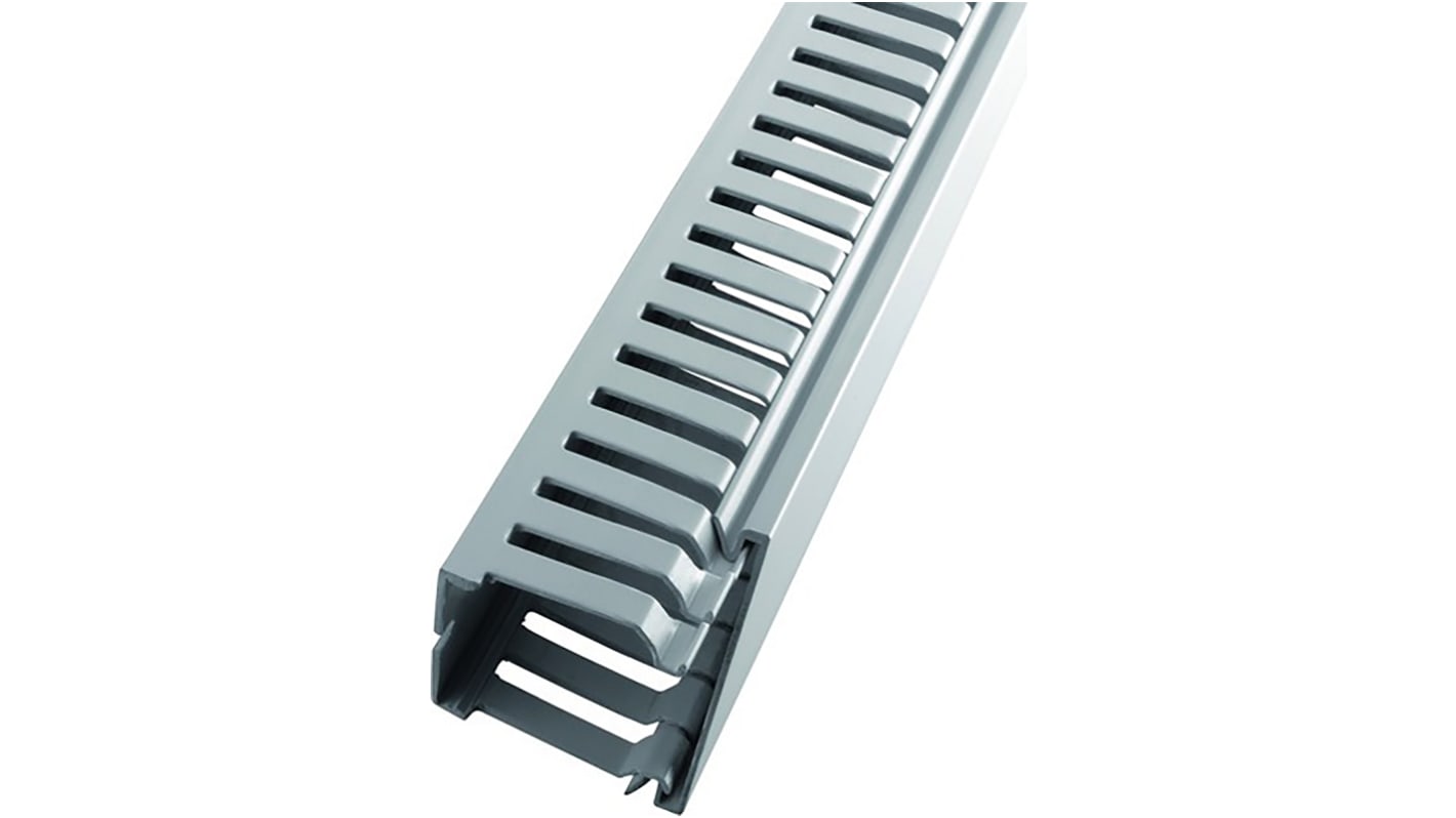 RS PRO Grey Slotted Panel Trunking - Open Slot, W25 mm x D25mm, L2m, Halogen Free PC/ABS