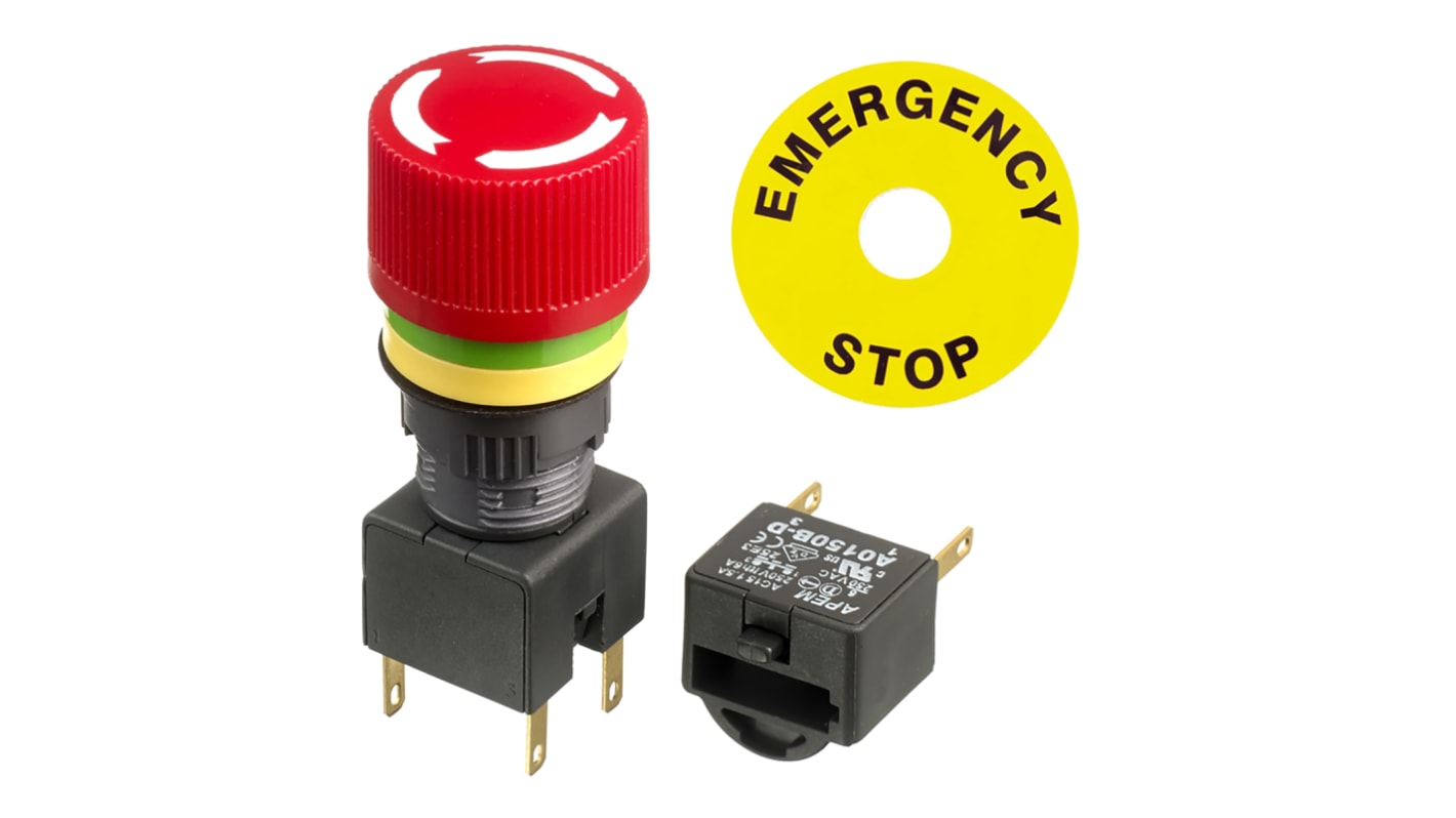 Seta de emergencia APEM serie A01ES-D, 2 NC, montaje en panel, Ø de montaje 16mm, IP40, IP65