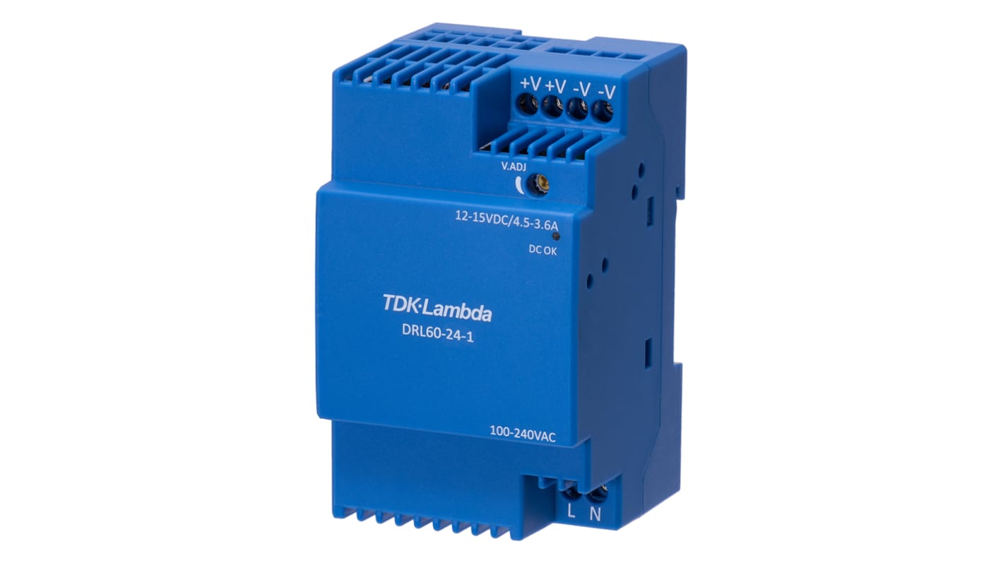 TDK-Lambda DRL-60 Switched Mode DIN Rail Power Supply, 85 → 264V ac ac Input, 12V dc dc Output, 4A Output, 60W