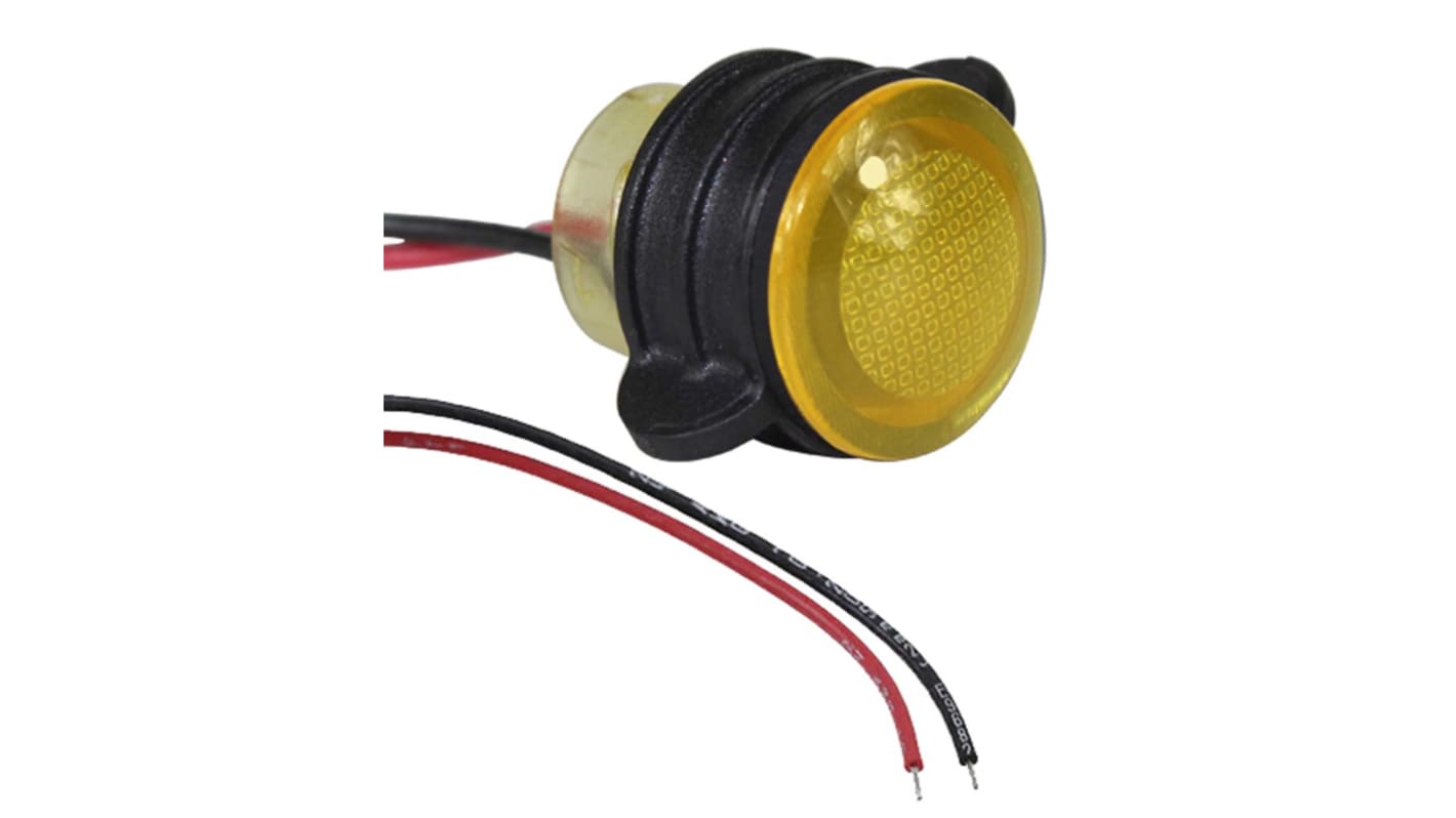 VCC Yellow Panel Mount Indicator, 5 → 28V dc, 14mm Mounting Hole Size, Lead Wires Termination, IP67