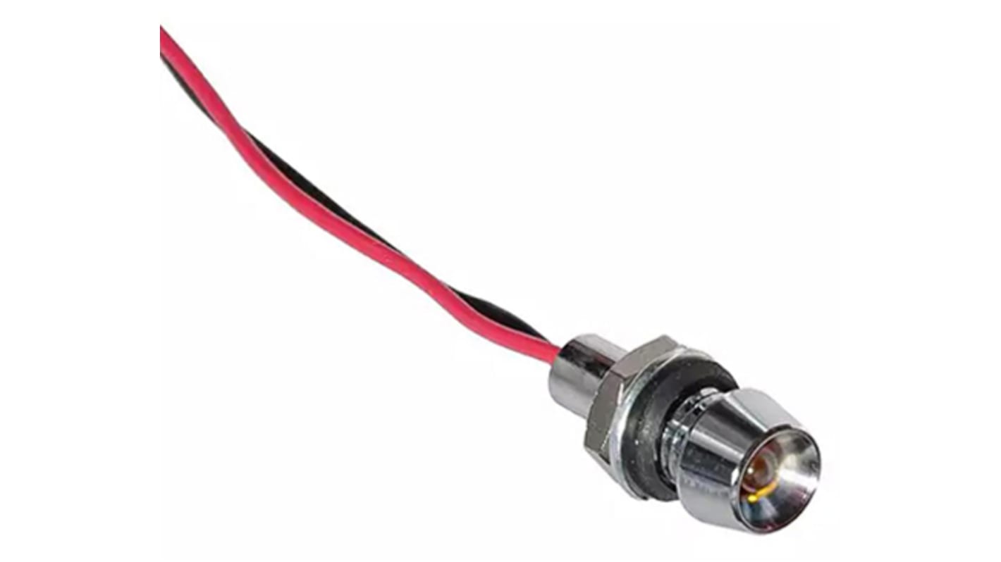 Indicador LED Circular VCC, Ámbar, lente prominente, marco Plata, Ø montaje 5.9mm, 14V dc, 19mA, 30mcd