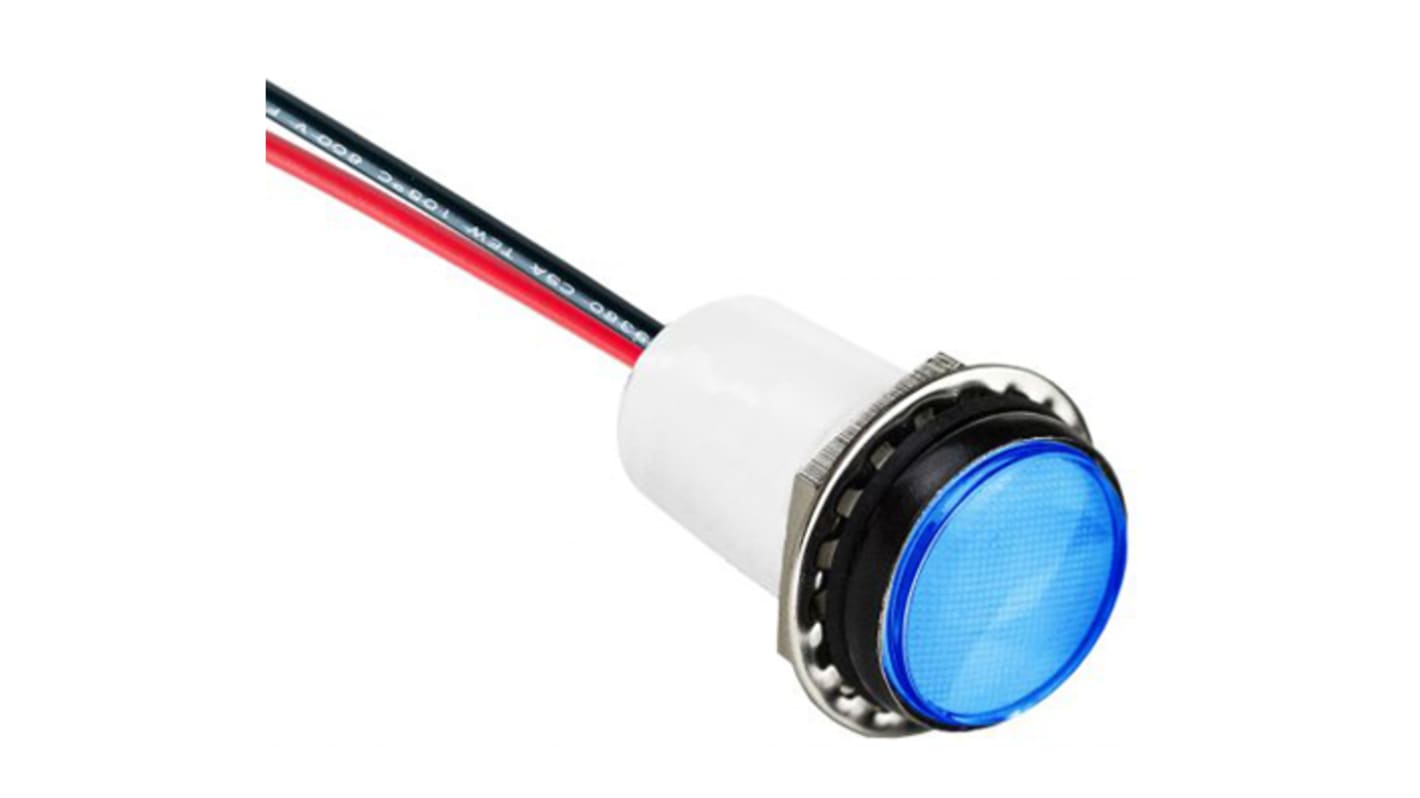 VCC Blue Panel Mount Indicator, 5 → 28V dc, 17.5mm Mounting Hole Size, Lead Wires Termination, IP67