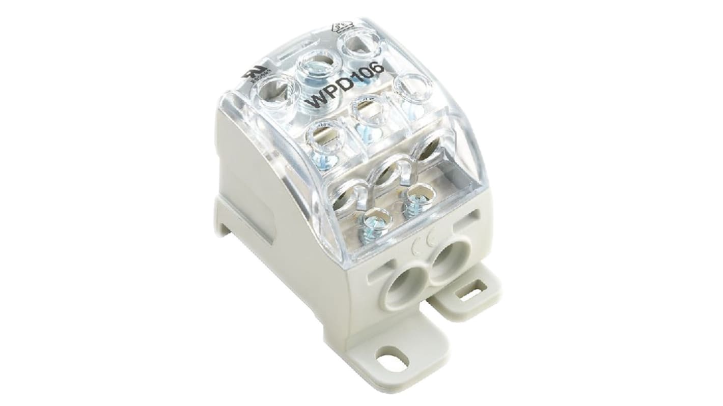 Weidmüller Distribution Block, 5 Way, 16 mm², 25 mm², 70 mm², 192A, 1 kV ac/dc, 600 V, Grey