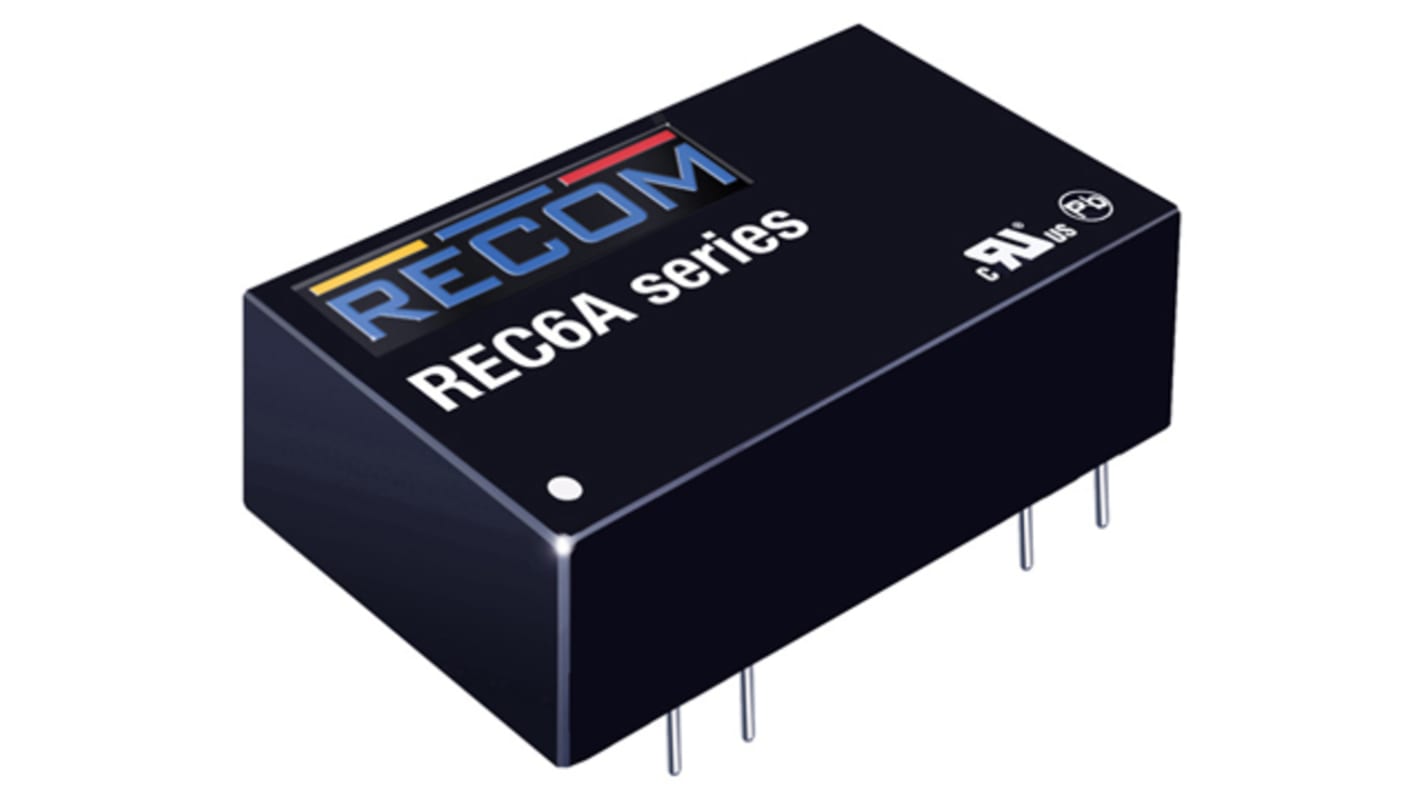 Recom REC6A DC-DC Converter, 5V dc/ 1.2A Output, 4.5 → 9 V dc Input, 6W, Through Hole, +65°C Max Temp -40°C Min