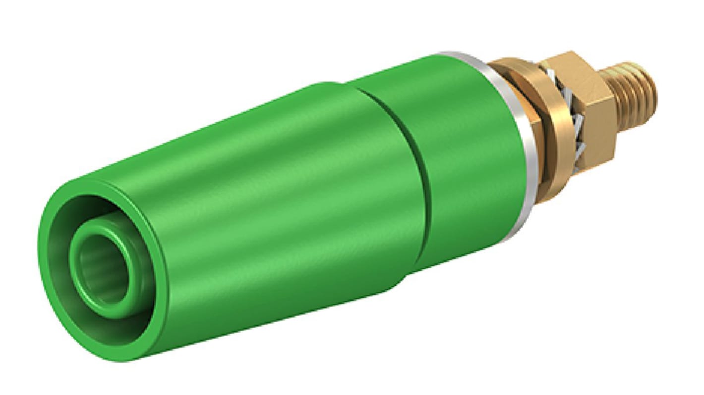 Conector banana hembra Hembra, 32A, 600V, Contacto Oro, Verde