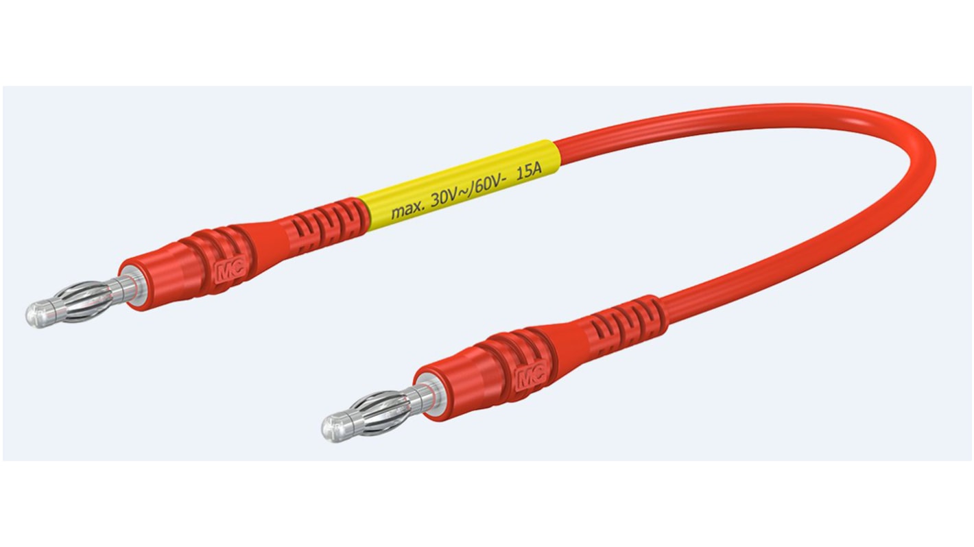 Cable de prueba con conector de 4 mm Staubli de color Rojo, Macho-Macho, 30 V ac, 60V dc, 15A, 1m