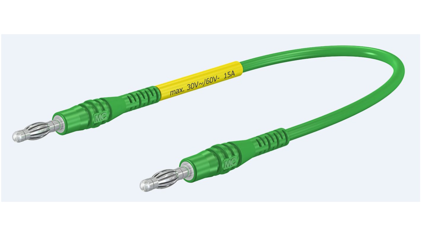 Cordon de test 4mm Staubli, Vert, 15A, 30 V ac, 60V c.c., long. 1m