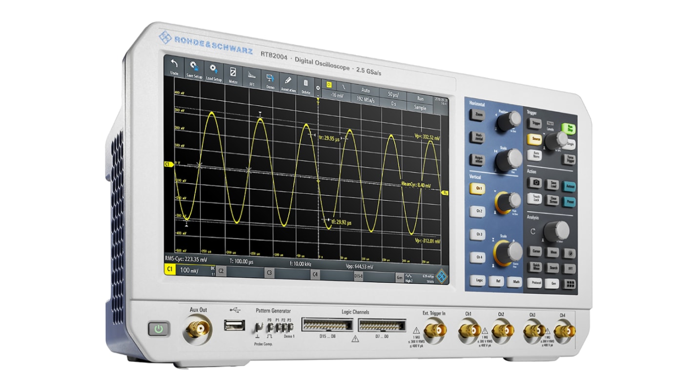 Rohde & Schwarz Oszcilloszkóp, RTB2000 sorozatú, RTB2K-104, Asztali, 100MHz CAN, IIC, LIN, RS232, RS422, RS485, SPI,