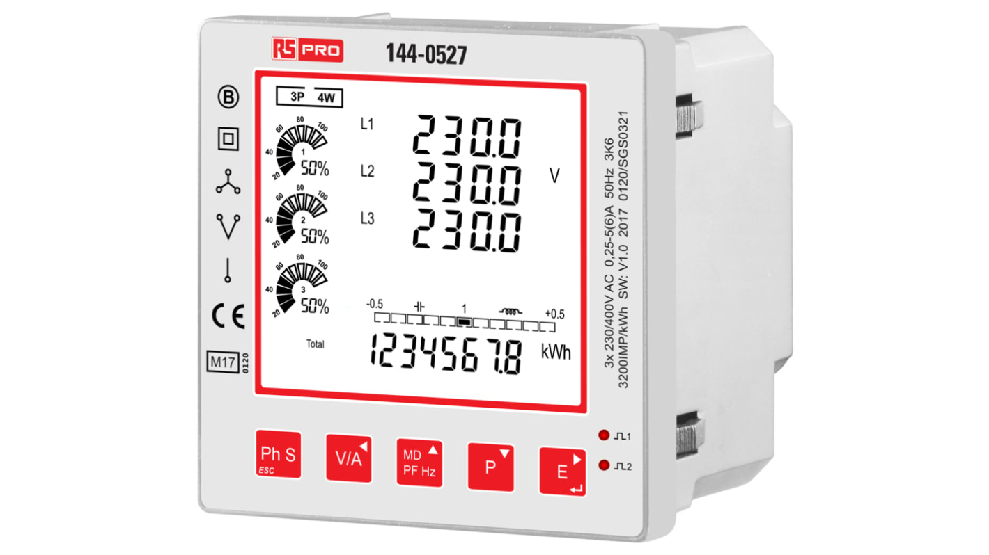 Medidor de energía RS PRO, display Retroiluminado, con 12 dígitos, 3 fases, dim. 96mm x 96mm