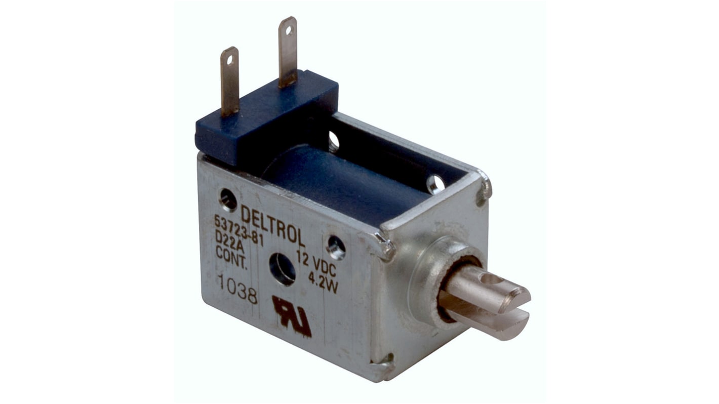 Solenoide lineal de tirar Deltrol, 12 V dc, 4,2 W, Ø de émbolo 6.35mm, recorrido 12.7mm, fuerza 1.8N