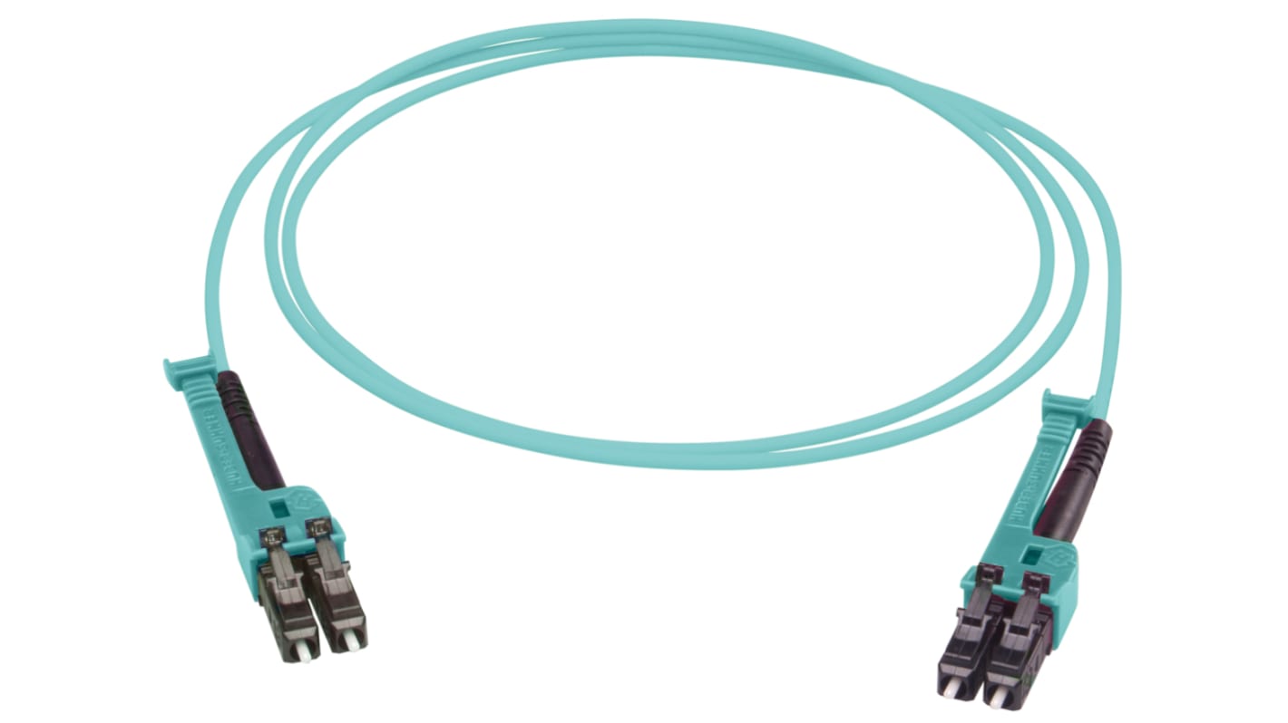 Huber+Suhner LC to LC Duplex Multi Mode OM3 Fibre Optic Cable, 2.1mm, Aqua, 1m