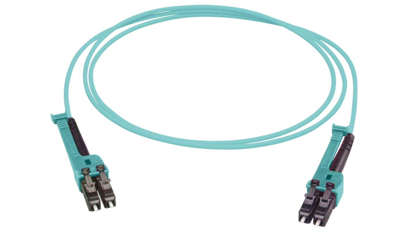 Huber+Suhner LC to LC Duplex Multi Mode OM3 Fibre Optic Cable, 2.1mm, Aqua, 2m