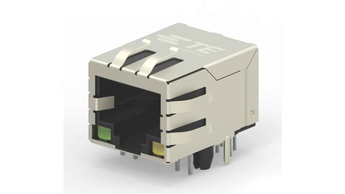 Connecteur RJ45 cat 6 TE Connectivity série 2031994 Femelle, Laiton nickelé Montage sur CI, 1 x 1 ports Angle Droit