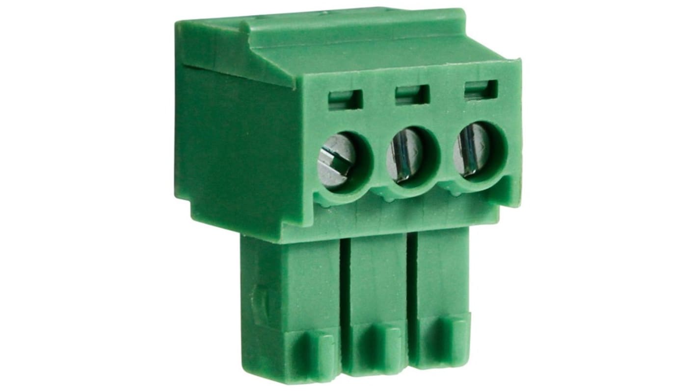 Bloque de terminal PCB Hembra Ángulo recto RS PRO de 3 vías, paso 3.5mm, 10A, de color Verde, montaje Montaje en