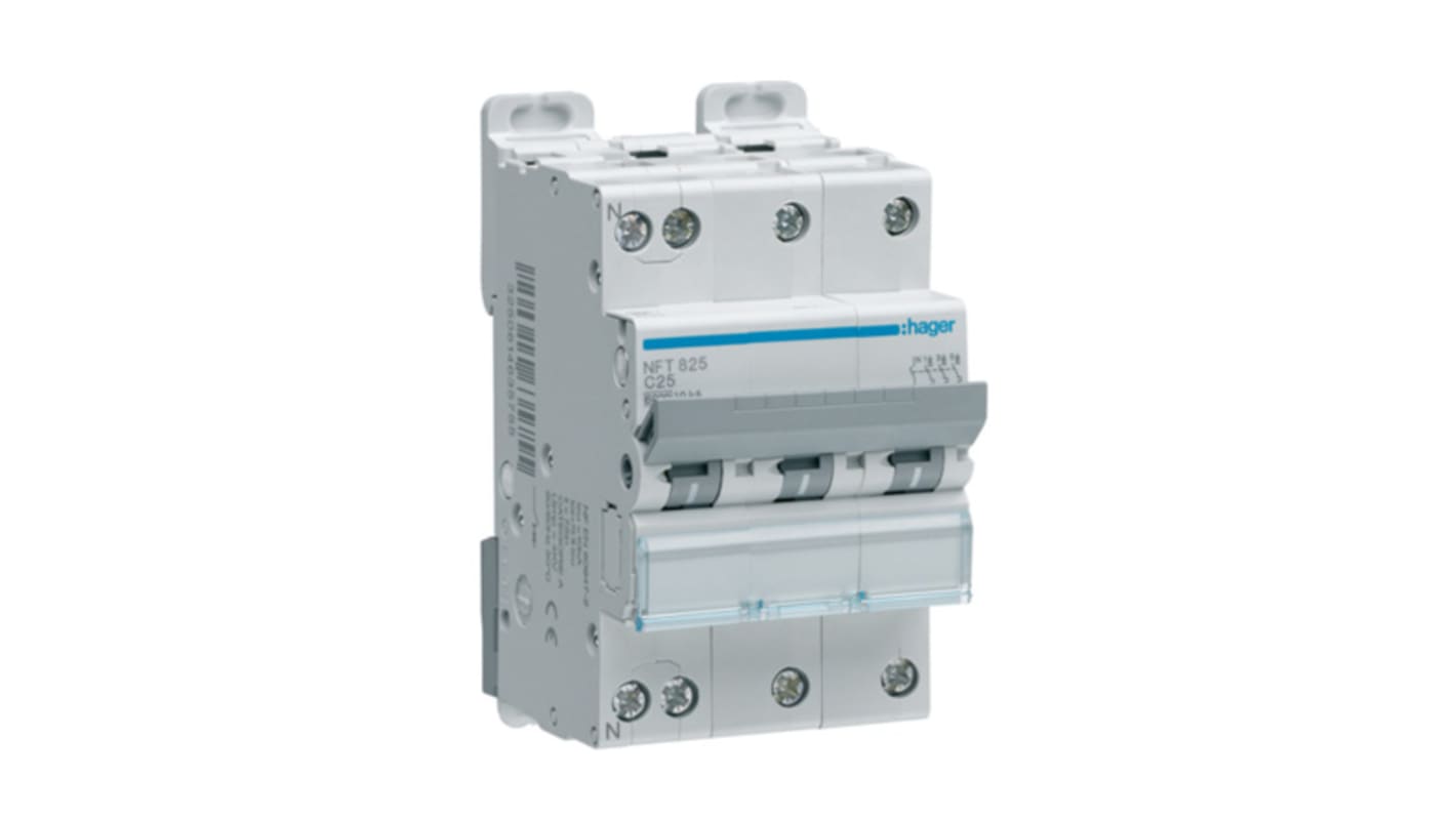 Hager NGT MCB, 3P+N, 16A, 415V AC, 10 kA Breaking Capacity