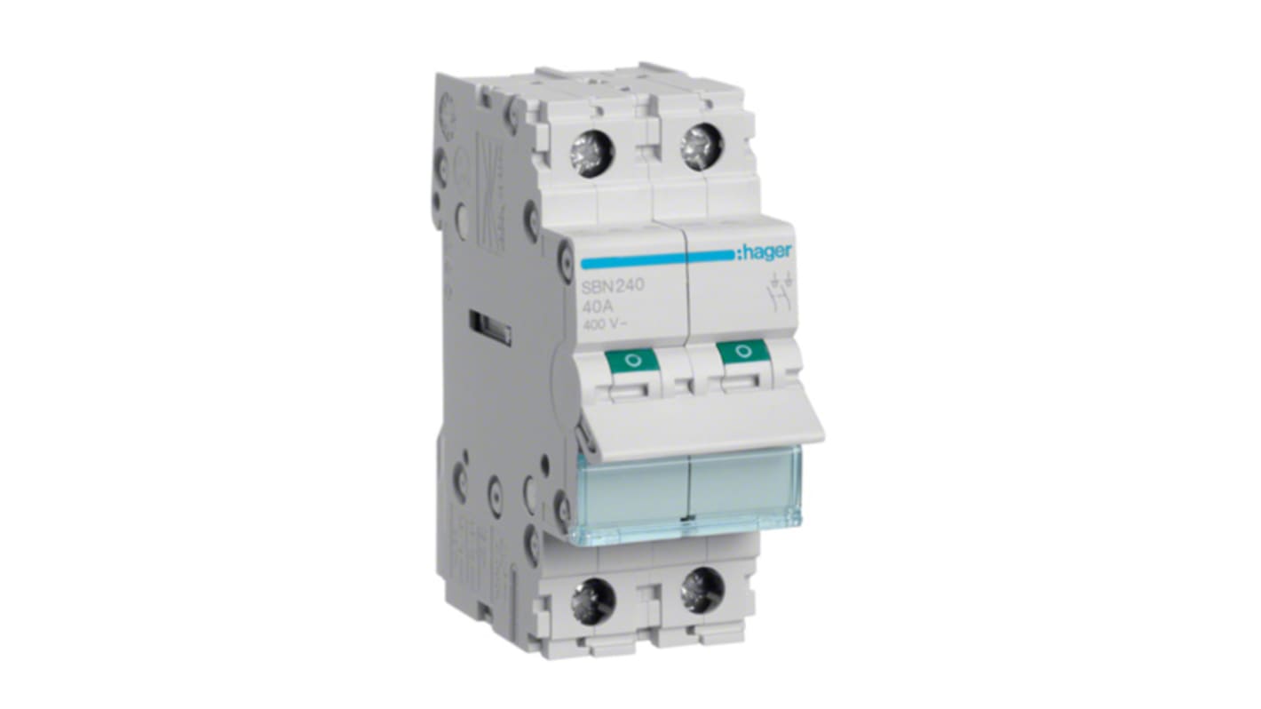 Hager 2P Pole Isolator Switch - 40A Maximum Current, IP20